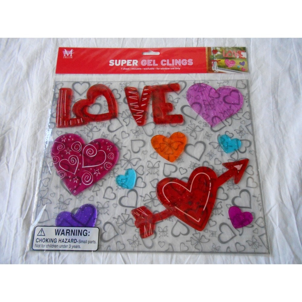 NEW LARGE Valentine's Day Hearts Love Sparkly Window Gel Clings Stickers 10 ct